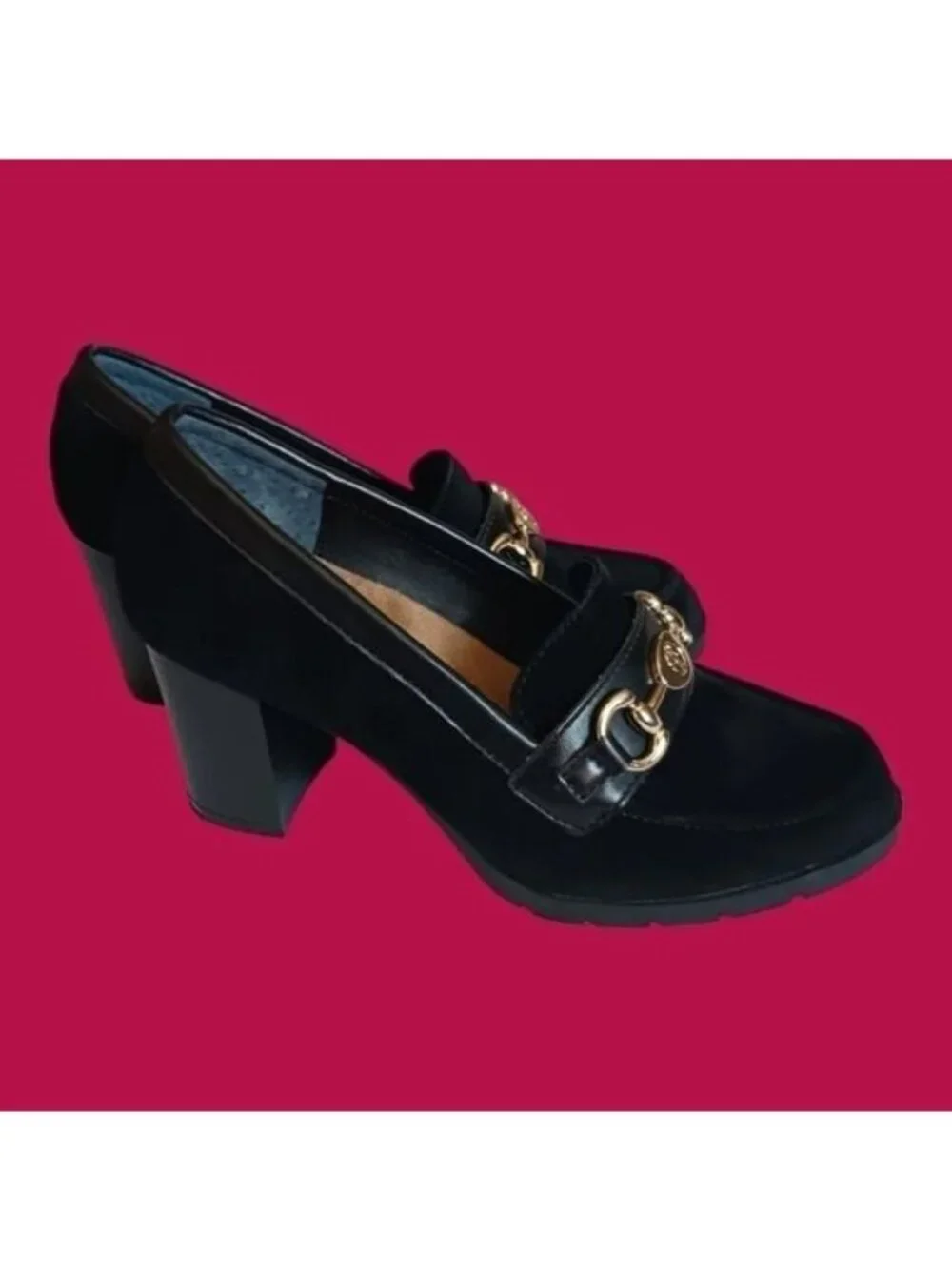 Giani Bernini Women’s Suede Loafer Pumps Gold Horsebit Block Heel Black Size 5M